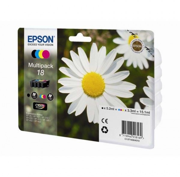 Original Epson C13T18064511 / 18 Tinte MultiPack Bk,C,M,Y Easy Mail 175pg + 3x180pg, 1x 5ml + 3x 3ml