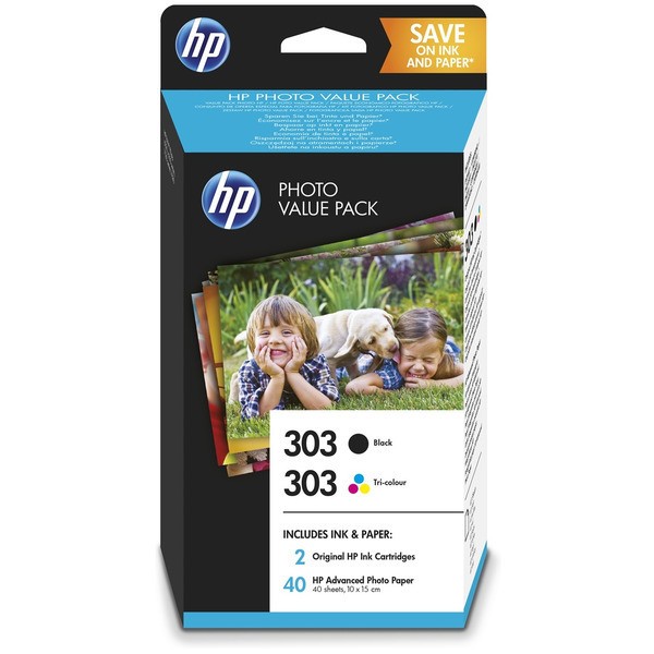 Original HP Z4B62EE / 303 Druckkopfpatrone Multipack schwarz + color + Fotopapier 40 Blatt 10x15cm