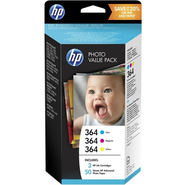 Original HP T9D88EE / 364 Tintenpatrone MultiPack C,M,Y +50 Blatt Fotopapier 10x10cm 300 Seiten