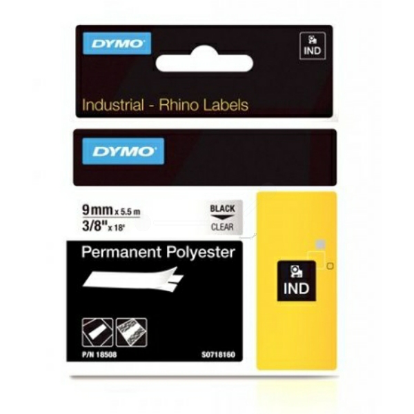 Original Dymo 18508 / S0718160 Farbband Polyester permanent schwarz auf Transparent 9mm x 5,5m
