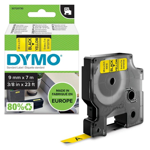 Original Dymo 40918 / S0720730 DirectLabel-Etiketten schwarz auf gelb 9mm x 7m