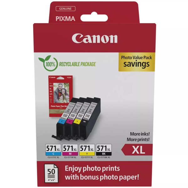 NEUOriginal Canon 0332C006 / CLI-571XL Tinte MultiPack Bk,C,M,Y High-Capacity + Fotopapier 50 Blatt