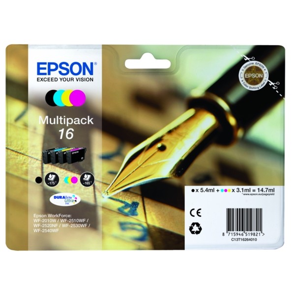 Original Epson C13T16264010 / 16 Tinte MultiPack Bk,C,M,Y 175pg + 3x165pg, 1x5.4ml + 3x3.1ml