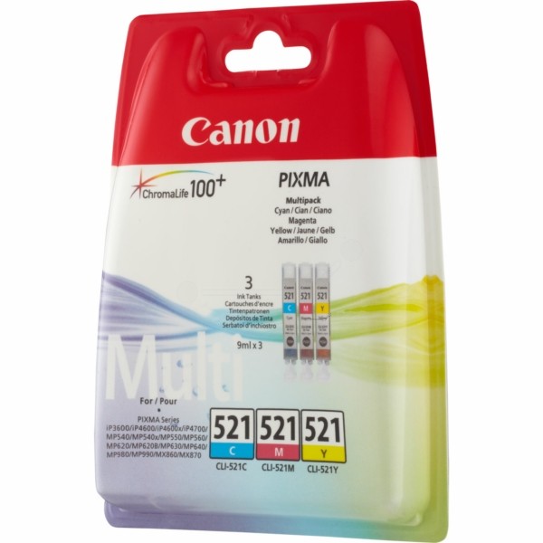 NEUOriginal Canon 2934B016 / CLI-521 Tinte MultiPack C,M,Y Blister mit Sicherheitsband