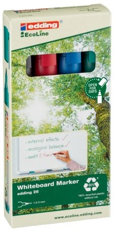 Boardmarker 28 EcoLine. Nachfüllbar. Geruchsarme Tinte ohne Zusatz von Butyl Acetat. Kann einige Tage offen liegen bleiben, ohne einzutrocknen. Rundspitze, Spitze austauschbar. Filtersystem. Kunststoffteile insgesamt zu mindestens 90 % aus recyceltem Mate