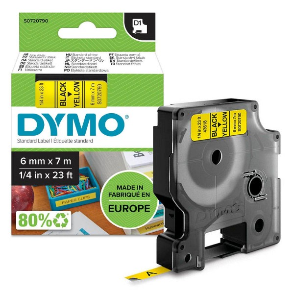 Original Dymo 43618 / S0720790 DirectLabel-Etiketten schwarz auf gelb 6mm x 7m