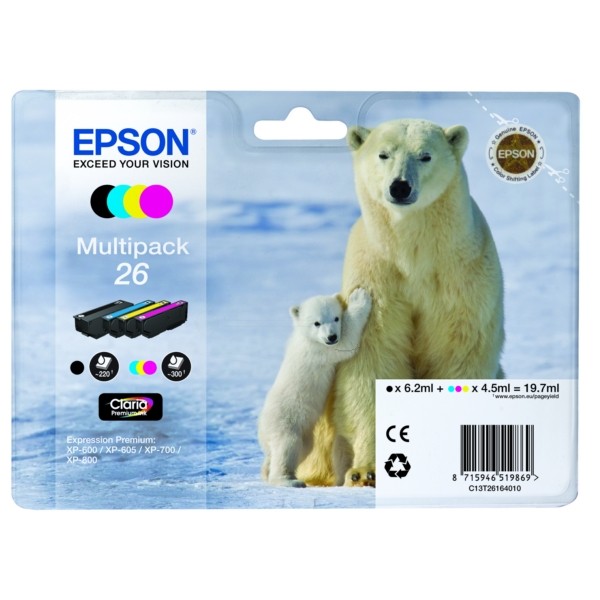 Original Epson C13T26164010 / 26 Tintenpatrone MultiPack Bk,C,M,Y 220pg + 3x300pg, 6ml + 3x5ml