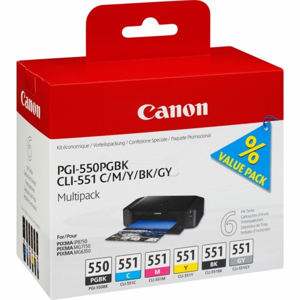 Original Canon 6496B005 / PGI-550 CLI 551 Tintenpatrone MultiPack Bk,C,M,Y,Gy 7 ml