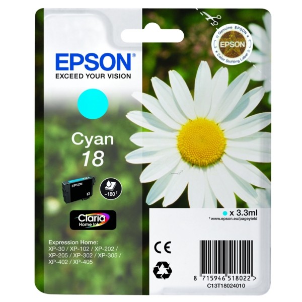 Original Epson C13T18024010 / 18 Tintenpatrone cyan 3 ml 180 Seiten