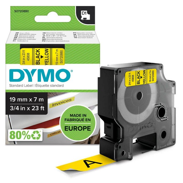 Original Dymo 45808 / S0720880 DirectLabel-Etiketten schwarz auf gelb 19mm x 7m