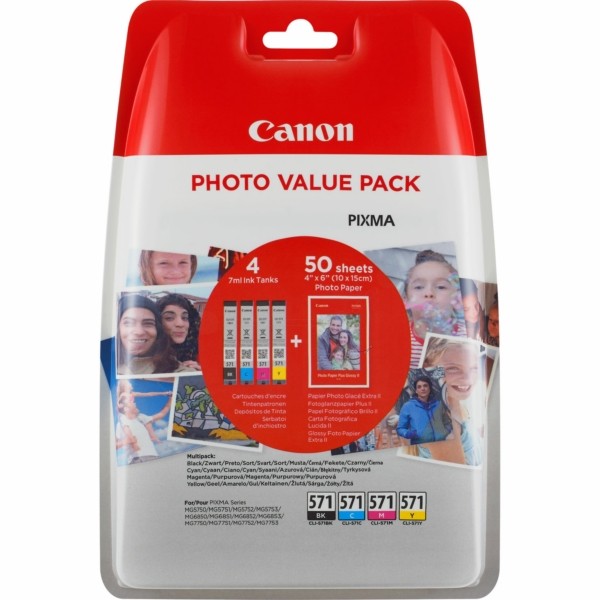 Original Canon 0386C006 / CLI-571 Tinte MultiPack Bk,C,M,Y + Fotopapier 10x15cm 50 Blatt 7 ml