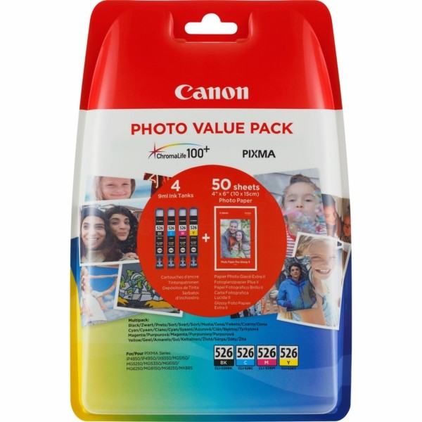 NEUOriginal Canon 4540B019 / CLI-526 Tinte MultiPack Bk,C,M,Y + Fotopapier 10x15cm 50 Blatt Blister