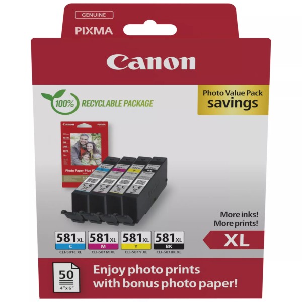 NEUOriginal Canon 2052C006 / CLI-581XL Tinte MultiPack Bk,C,M,Y High-Capacity + Fotopapier 50 Blatt